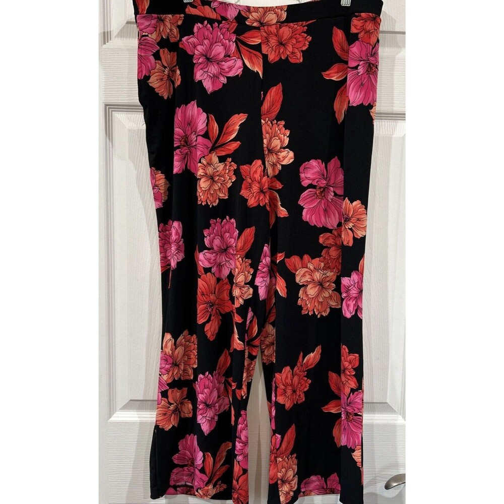 Susan Graver Liquid Knit Pants Black Pink Floral Print Stretch Pull On L Petite